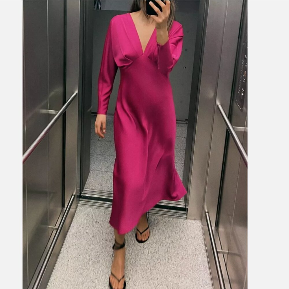 Zara Raspberry Pink Satin Midi Dress Size M Bloggers Fave New With Tag